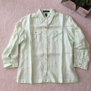 Lauren Ralph Lauren Petite Green and White Striped 100% Linen
